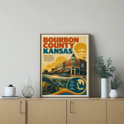 Bourbon County Kansas vintage travel poster with Fort Scott landmarks.