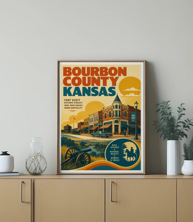 Bourbon County Kansas vintage travel poster with Fort Scott landmarks.