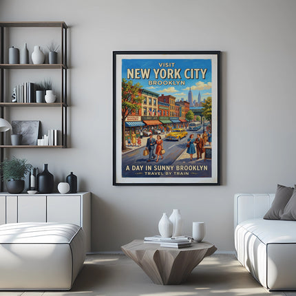 Vintage travel poster for Brooklyn, New York City, featuring a street scene.