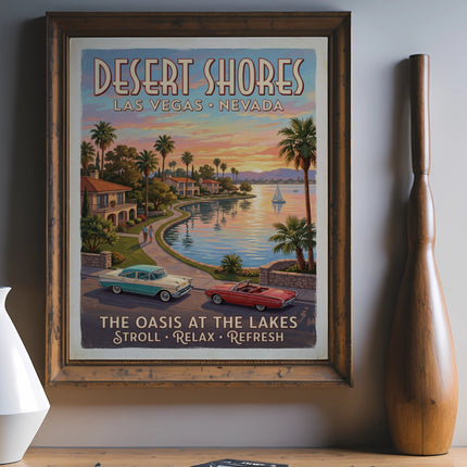 Desert Shores Las Vegas Nevada vintage poster with cars and lake.