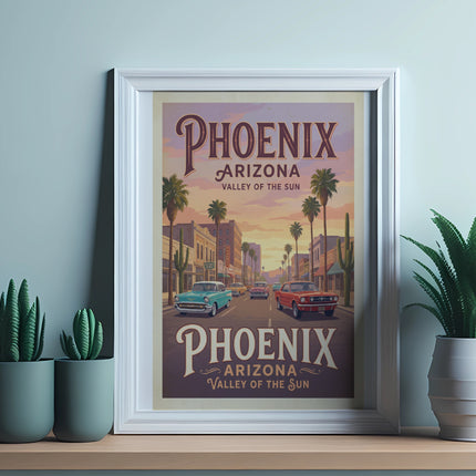 Framed vintage Phoenix Arizona Valley of the Sun travel poster with classic cars.