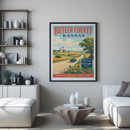 Poster for Butler County, Kansas, with a scenic landscape and text.