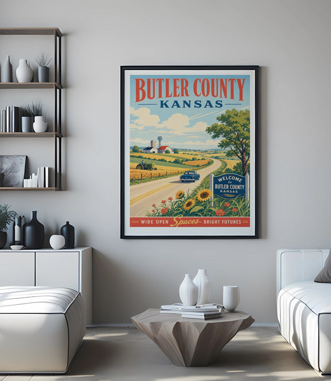 Poster for Butler County, Kansas, with a scenic landscape and text.