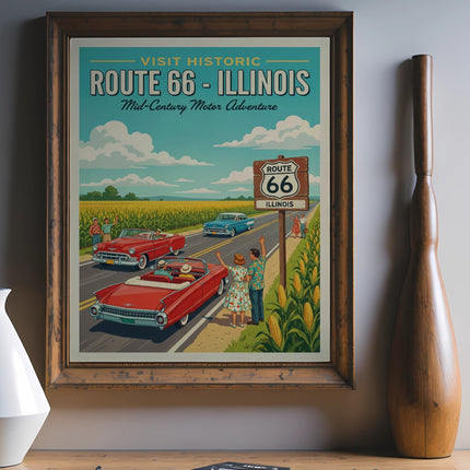 Route 66 Illinois poster showing vintage cars on a scenic road.