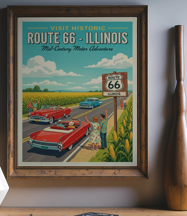 Route 66 Illinois poster showing vintage cars on a scenic road.