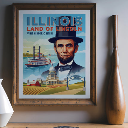 Vintage Illinois "Land of Lincoln" travel poster with Abraham Lincoln.