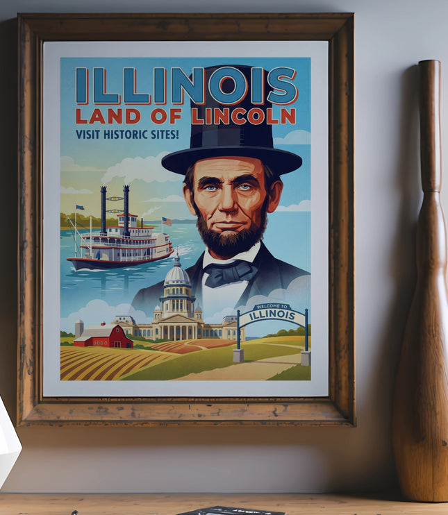 Vintage Illinois "Land of Lincoln" travel poster with Abraham Lincoln.