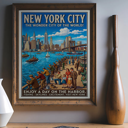 Vintage New York City poster depicting harbor life with text "Enjoy a Day on the Harbor."