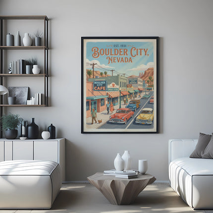 Vintage poster advertising Boulder City, Nevada, with classic cars and storefronts.