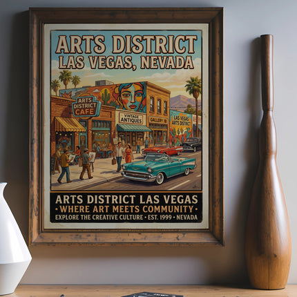 Vintage poster of Arts District Las Vegas with cafes, shops, cars, and people.