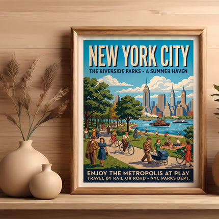 New York City postcard with vintage illustration of Riverside Parks.