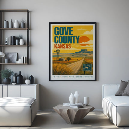Gove County Kansas vintage travel poster with windmill and sun.