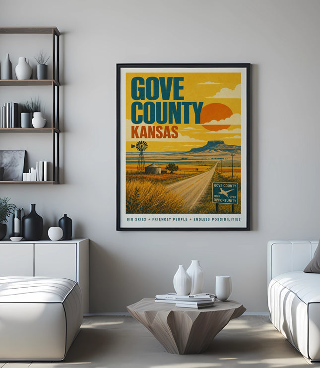 Gove County Kansas vintage travel poster with windmill and sun.