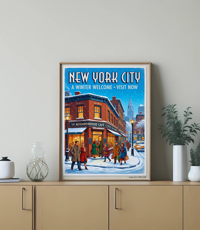 Vintage style New York City winter street scene with "The Neighborhood Cafe" and cityscape.