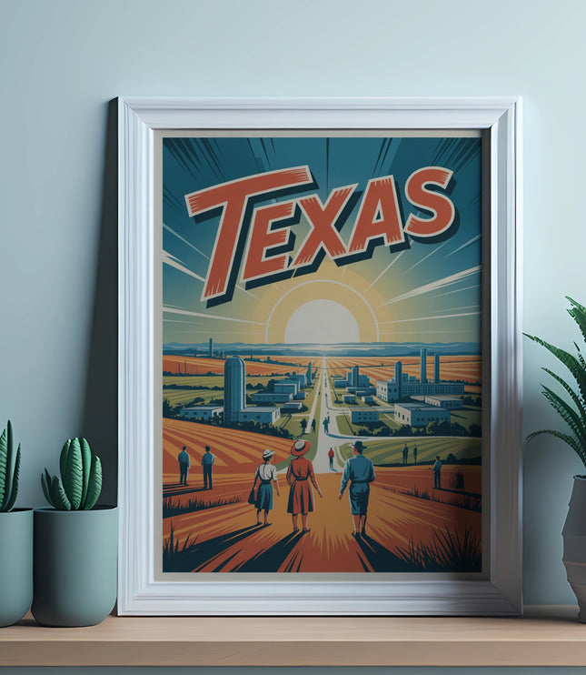Framed vintage "Texas" travel poster with people and sunburst over a landscape.