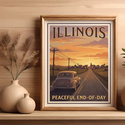 Vintage Illinois travel poster featuring a car on a road at sunset.