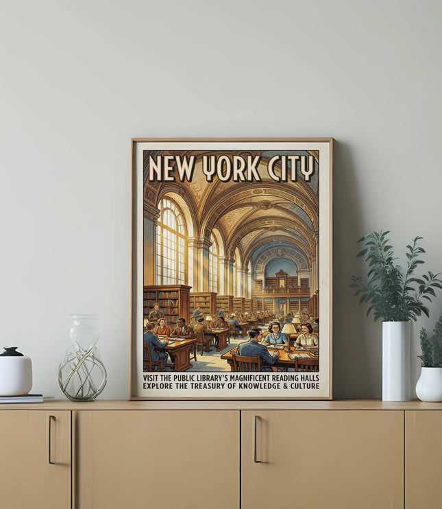 New York City poster of library reading halls inviting visitors to explore knowledge.
