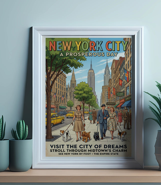 New York City poster showing a prosperous day with Empire State Building and people walking dogs.