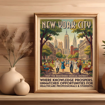New York City poster with medical district text and cityscape scene.