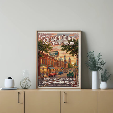 Robeson County North Carolina vintage poster featuring historic downtown Lumberton and its heritage.