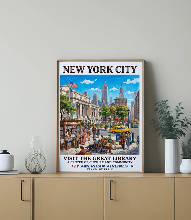 New York City vintage travel poster featuring the Great Library and skyline.