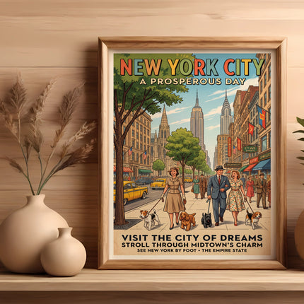New York City poster showing a street scene with people, dogs, and buildings.