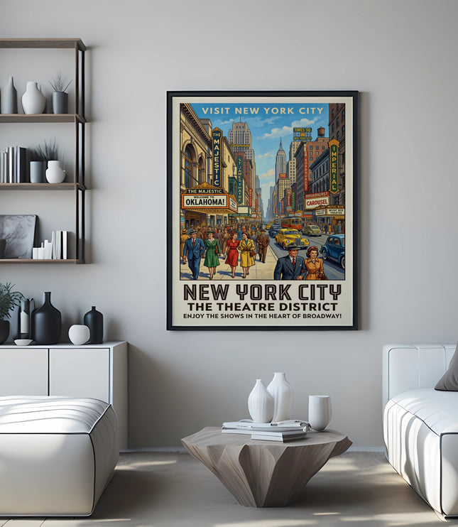 New York City theatre district vintage poster with street scene and show titles.