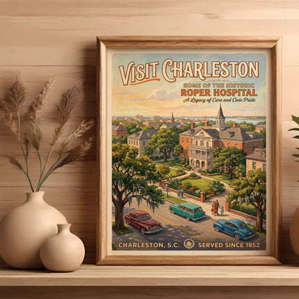 Vintage poster of Charleston featuring Roper Hospital, historic cars, and city skyline.