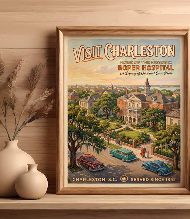Vintage poster of Charleston featuring Roper Hospital, historic cars, and city skyline.