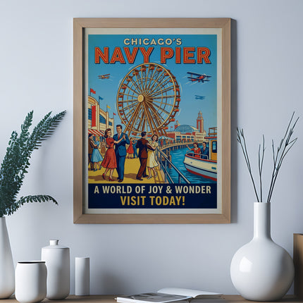 Navy Pier poster featuring a Ferris wheel, people, and boats with text "CHICAGO'S NAVY PIER VISIT TODAY!".