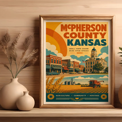 McPherson County Kansas poster showing town, farmland, and text.
