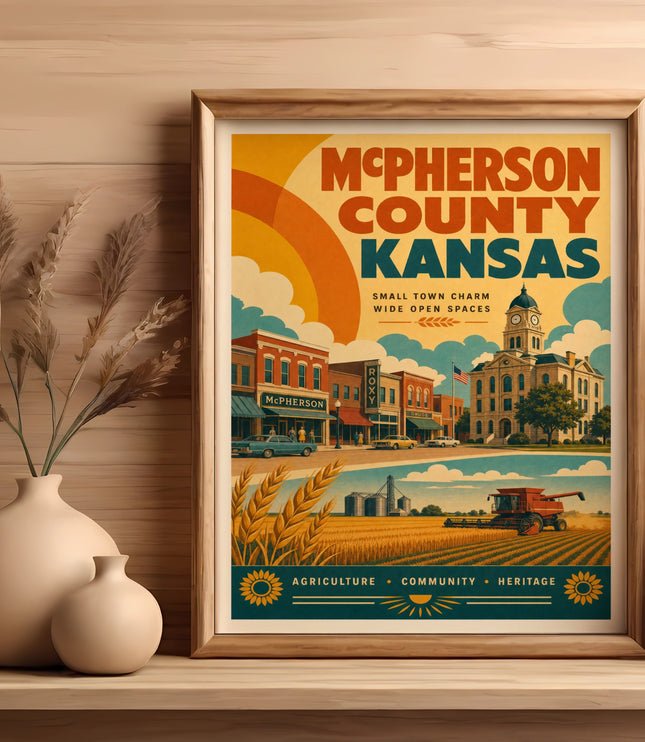 McPherson County Kansas poster showing town, farmland, and text.