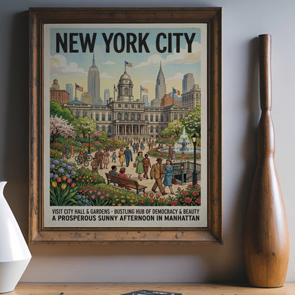 New York City poster showing City Hall, gardens, and people on a sunny afternoon.