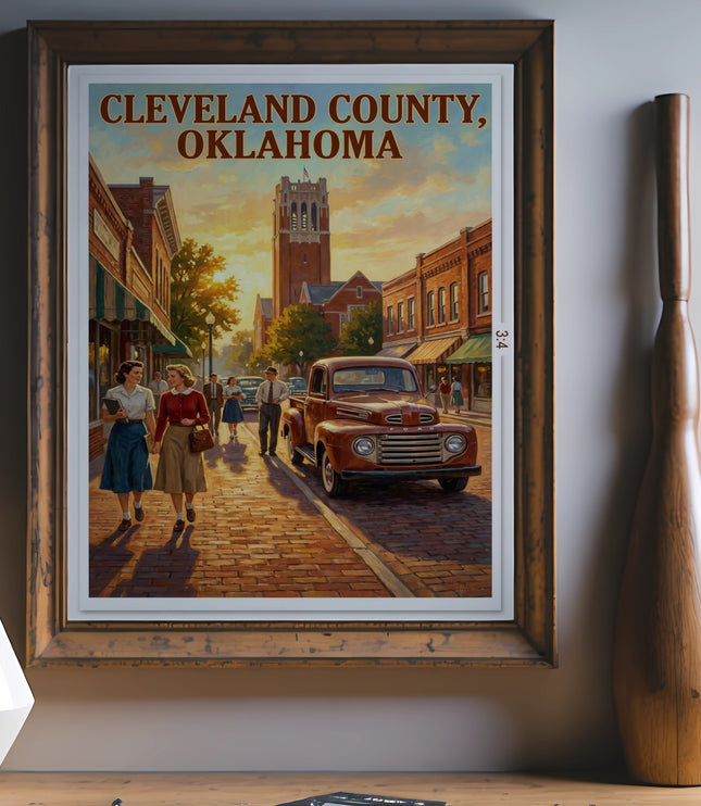 Cleveland County, Oklahoma artwork depicting a vintage street scene with a truck and people.