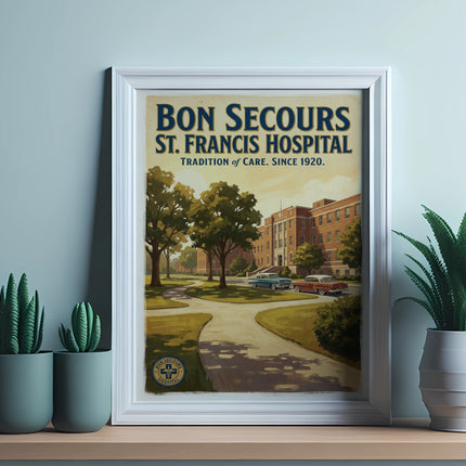 Bon Secours St. Francis Hospital poster with vintage cars and trees.