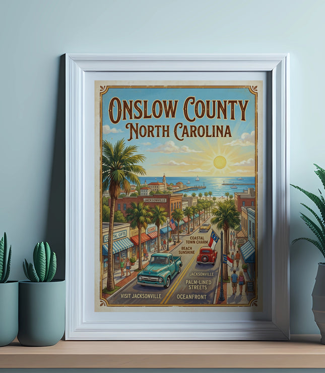 Vintage travel poster for Onslow County, North Carolina, depicting Jacksonville's coastal town charm.