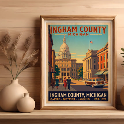 Ingham County, Michigan retro travel poster with capitol building, people, and vintage car.
