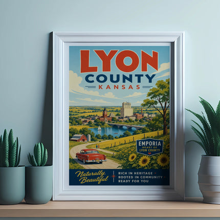 Lyon County, Kansas travel poster with a red car and sunflowers.