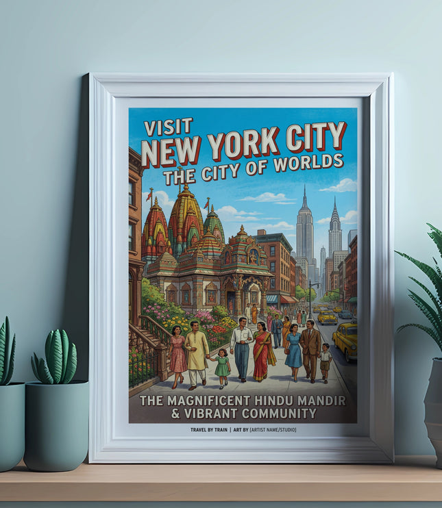 New York City poster featuring Hindu Mandir, people, and cityscape.