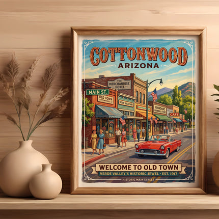 Cottonwood Arizona retro travel poster featuring Main Street scenes and a classic red car.