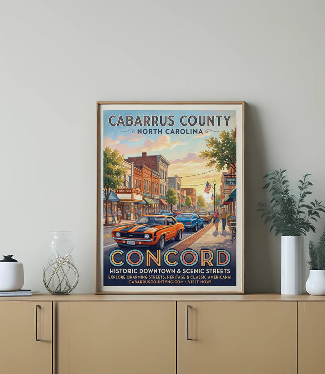 Poster of Concord, Cabarrus County, North Carolina, featuring retro cars and historic downtown streets.