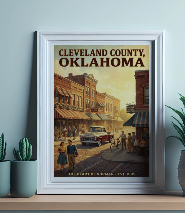 Vintage Norman, Oklahoma poster with text "Cleveland County, Oklahoma": The Heart of Norman - Est. 1889.