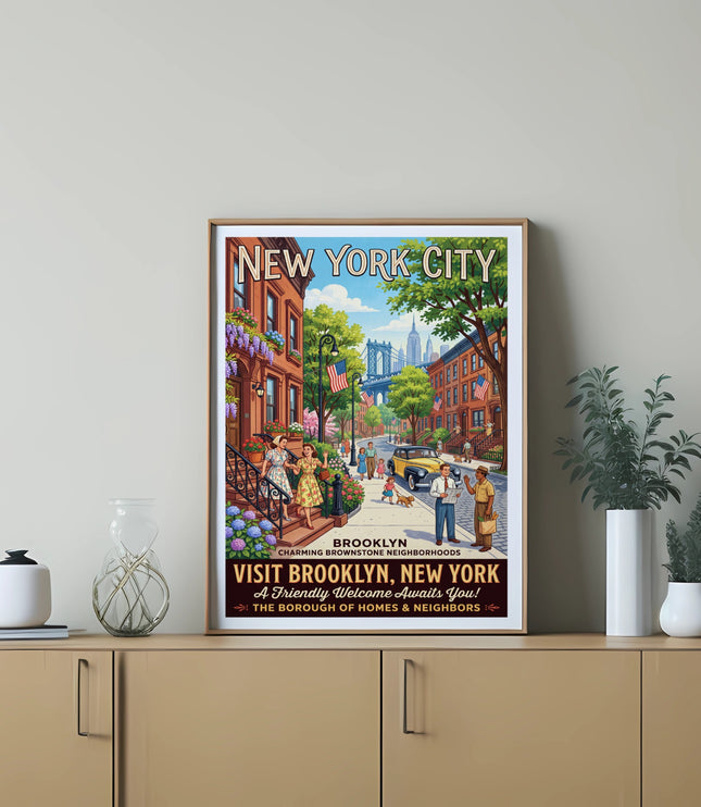 Vintage poster of Brooklyn, New York with brownstone buildings and the Manhattan Bridge.