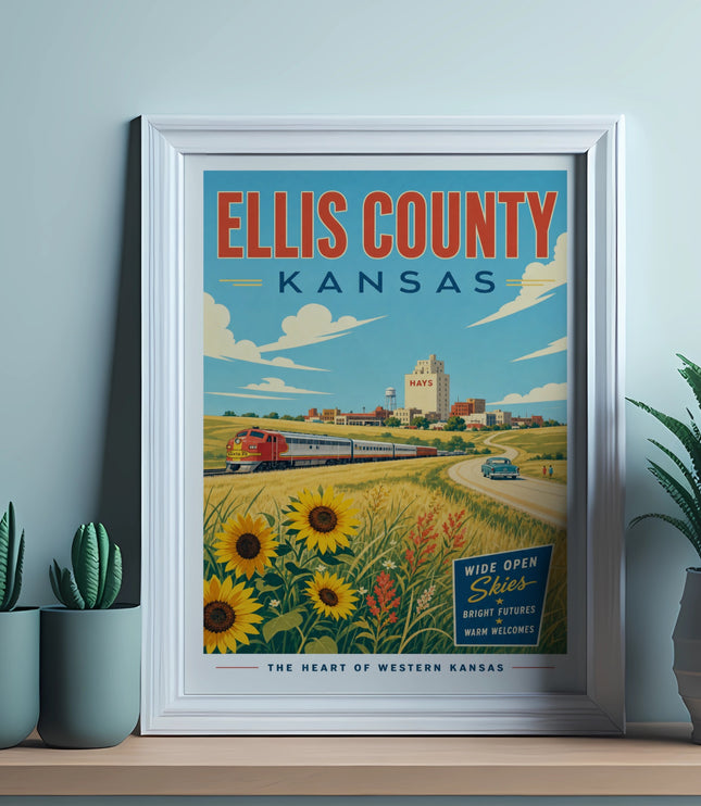 Vintage Ellis County Kansas poster featuring train, sunflowers, and text.