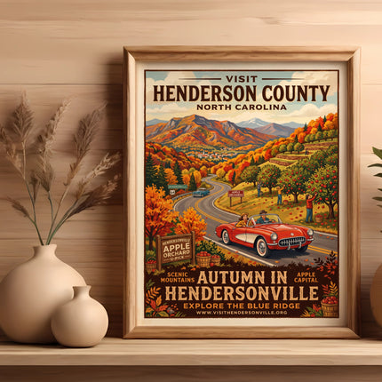 Hendersonville, NC autumn vintage travel poster with apple orchards and vintage car.