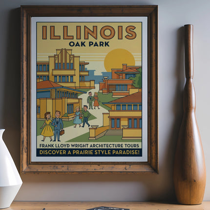 Poster with Illinois Oak Park Frank Lloyd Wright architecture tours.