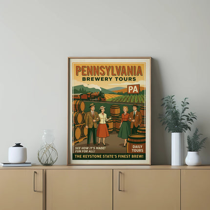 Pennsylvania Brewery Tours poster featuring vintage illustration and tour information.