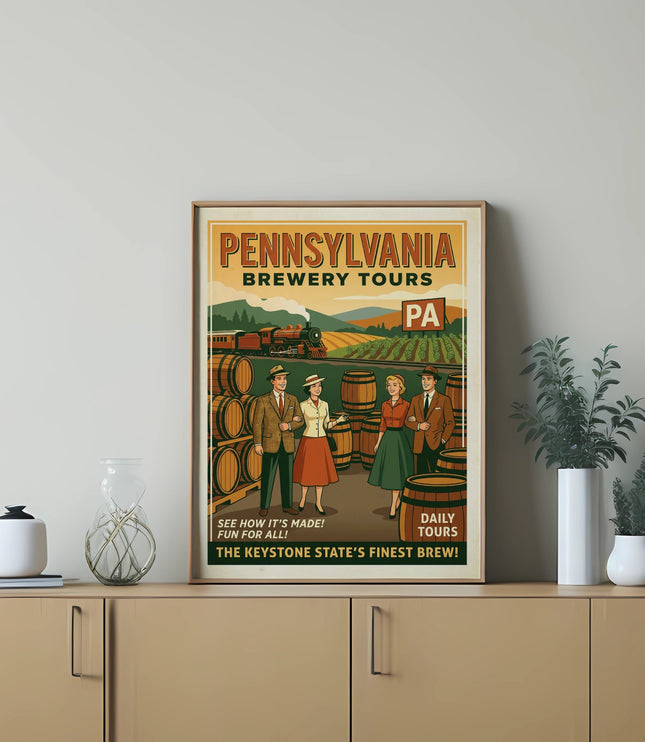 Pennsylvania Brewery Tours poster featuring vintage illustration and tour information.