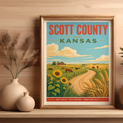 Scott County, Kansas vintage travel poster featuring cows and sunflowers.
