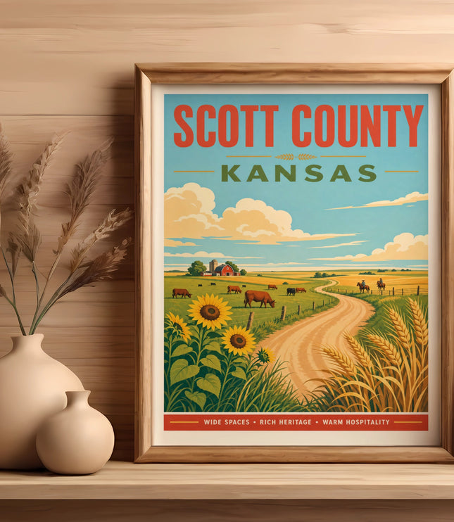 Scott County, Kansas vintage travel poster featuring cows and sunflowers.